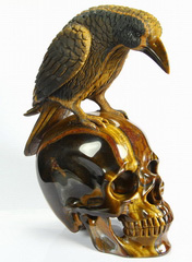 Amazing Flash Gemstone Huge 6.7" Gold Tiger Eye Carved Crystal Skull with Raven Sculpture