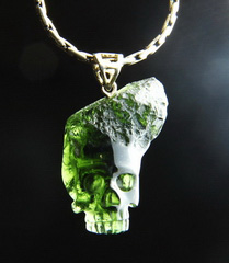 Gemstone Moldavite Carved Crystal Skull Pendant with Sterling Silver