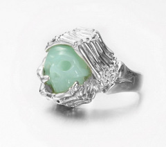 Gemstone Size 8, Chrysoprase & 925 Sterling Silver Carved Crystal Skull Ring with 925 Sterling Silver Bones Ring