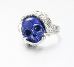 Gemstone Size 13, Lapis Lazuli Carved Crystal Skull Ring with sterling silver Bones Ring
