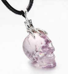 Gemstone Amethyst Carved Crystal Skull with sterling silver Bones Pendant