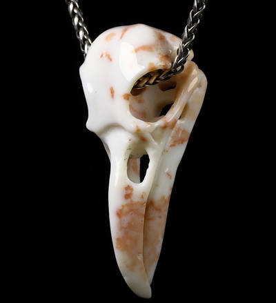 Agate Carved Crystal Raven Skull Pendant