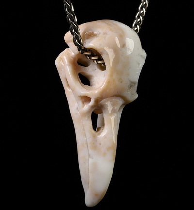 Agate Carved Crystal Raven Skull Pendant