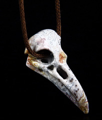 Crazy lace Agate Carved Crystal Raven Skull Pendant