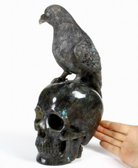 Huge 10.6" Labradorite Carved Crystal Skull and Dove Sculpture