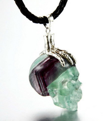 Nice Gemstone Fluorite & 925 Sterling Silver Carved Crystal Skull with 925 Sterling Silver Bones Pendant