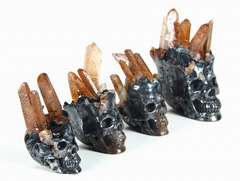 Specularite with Quartz Crystals Carved Crystal Skull Sculpture Set