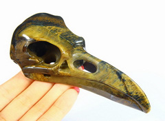 Huge 4.7" Blue & Gold Tiger Eye Carved Crystal Raven Skull