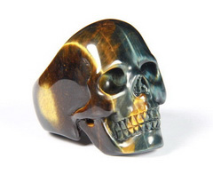 Amazing Flash Gemstone Size 11 1/2 Blue & Gold Tiger Eye Carved Crystal Skull Ring