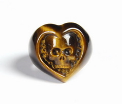Gemstone Size 10, Gold Tiger Eye Carved Crystal Skull Ring