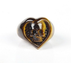 Gemstone Size 10, Gold Tiger Eye Carved Crystal Skull Ring