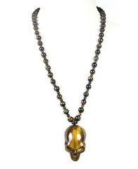 Gold Tiger Eye Carved Crystal Skull Pendant with 28.2" Tiger Eye Necklace