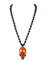 Red Jasper Carved Crystal Skull Pendant with 30.4" Black Obsidian Necklace