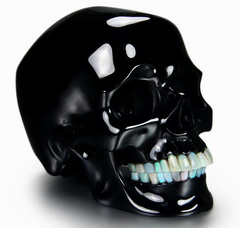 Amzaing 5.3" Black Obsidian Carved Crystal Skull with Opal Teeth and Detachable Jaw Sculpture