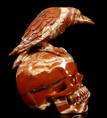 Nice Huge 6.2" Red Jasper Carved Crystal Skull & Raven Sculpture