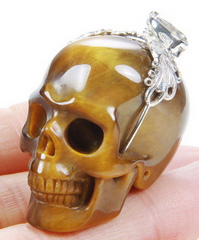 Gemstone 1.4" Gold Tiger Eye Carved Crystal Skull Pendant with Sterling Silver
