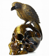Awesome Gemstone Huge 7.4" Gold Tiger Eye Carved Crystal Skull and Raven Sculpture
