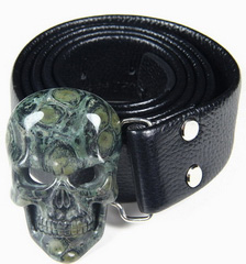 Kambaba Jasper & 925 Sterling Silver Carved Crystal Skull Belt, sterling silver rhodium plated