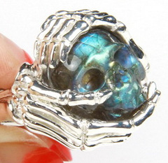 Amazing Flash Gemstone Size 10, Labradorite Carved Crystal Skull Ring with sterling silver Bones Ring