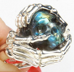 Amazing Flash Gemstone Size 10 1/2, Labradorite Carved Crystal Skull Ring with sterling silver Bones Ring
