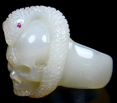 Size 11, Grey Agate Carved Crystal Skull Skull & Snake Ring with Ruby Eyes