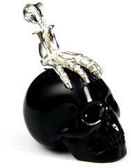 Black Obsidian Carved Crystal Skull Pendant with sterling silver Hand