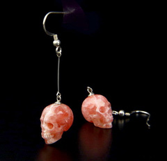 Gemstone Rhodochrosite Carved Crystal Skull Earring with Sterling Silver