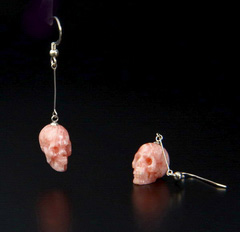 Gemstone Rhodochrosite Carved Crystal Skull Earring with Sterling Silver