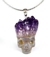 Nice Amethyst Druse Agate Carved Crystal Skull Pendant with Sterling Silver