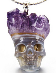 Amethyst Druse Agate Carved Crystal Skull Pendant With Sterling Silver