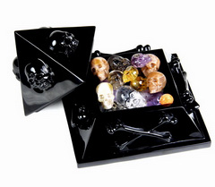 Huge 5.1" Black Obsidian Carved Crystal Pyramid Box with Skulls & Bones Sculpture