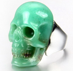 Gemstone Size 12, Chrysoprase & 925 Sterling Silver Carved Crystal Skull Ring with 925 Sterling Silver