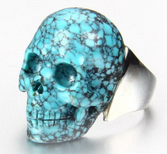 Gemstone Size 8, Turquoise Carved Crystal Skull Ring with Sterling Silver
