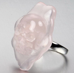 Size 7 1/2, Rose Quartz & 925 Sterling Silver Carved Crystal Skull Ring with 925 Sterling Silver