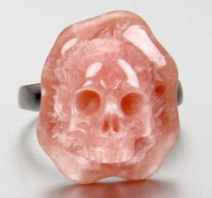 Gemstone Size 8, Rhodochrosite & 925 Sterling Silver Carved Crystal Skull Ring with 925 Sterling Silver