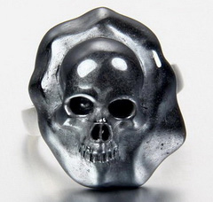 Size 7, Hematite & 925 Sterling Silver Carved Crystal Skull Ring with 925 Sterling Silver