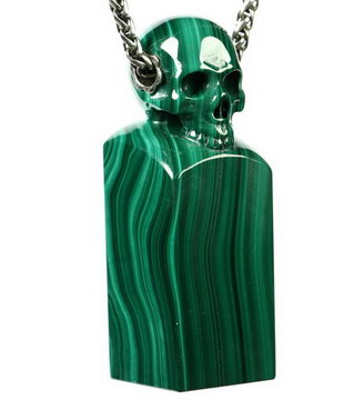 Gemstone Malachite & 925 Sterling Silver Carved Crystal Skull Pendant with 925 Sterling Silver