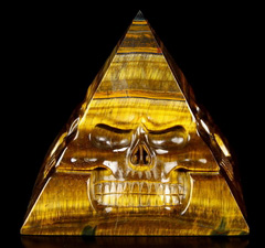 Amazing Flash Gemstone Huge 3.9" Tiger Iron Eye Carved Crystal Pyramid & Skulls Sculpture