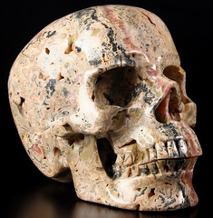 Lifesized Gemstone 7.8" Rhodochrosite Carved Crystal Skull, Super Realistic