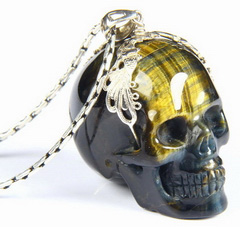 Amazing Flash Gemstone Blue & Gold Tiger Eye Carved Crystal Skull Pendant with Sterling Silver