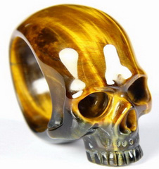 Amazing Flash Gemstone Size 9 1/2, Blue & Gold Tiger Eye Carved Crystal Skull Ring