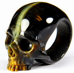 Amazing Flash Gemstone Size 8, Blue & Gold Tiger Eye Carved Crystal Skull Ring