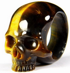 Amazing Flash Gemstone Size 11, Blue & Gold Tiger Eye Carved Crystal Skull Ring
