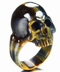 Gemstone Size 8, Blue & Gold Tiger Eye Carved Crystal Skull Ring