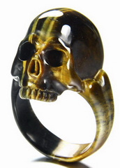 Amazing Flash Gemstone Size 9, Blue & Gold Tiger Eye Carved Crystal Skull Ring