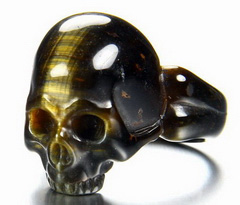 Amazing Flash Gemstone Size 10, Blue & Gold Tiger Eye Carved Crystal Skull Ring