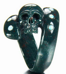 Gemstone Bloodstone Carved Crystal Skull Ring & Opal