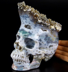 Awesome Huge 6.2" Ocean Jasper & Druse Carved Crystal Skull Sculpture