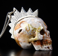 Gemstone Crazy Lace Agate Carved Crystal Skull Pendant with Sterling Silver