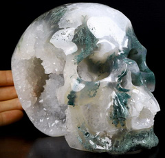 Nice Geode Huge 5.8" Green Moss Agate Carved Crystal Skull